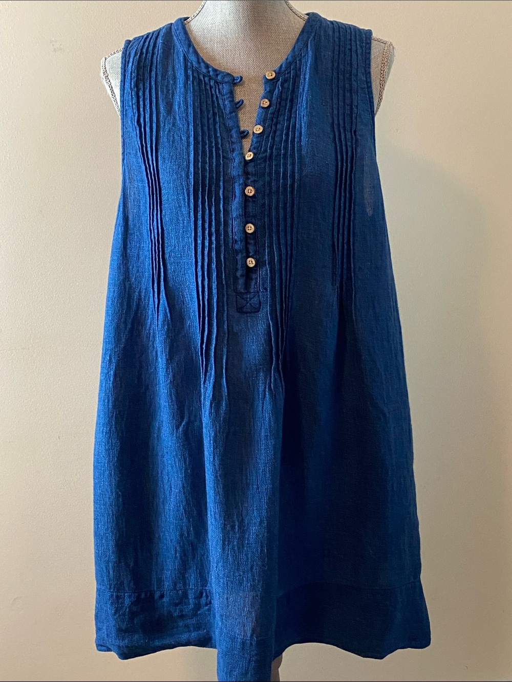 Faherty Indigo Pintuck Sleeveless Linen Dress